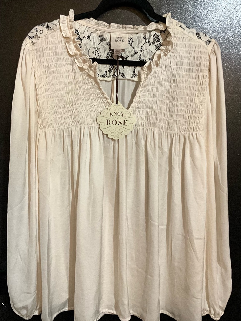 Knox Rose Soft Cream Smocked Lace Yoke Blouse